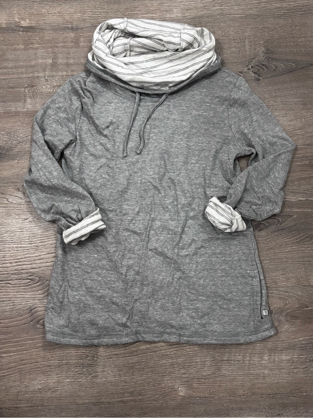 Toad&Co Eco Sm Sweatshirt Gray White Striped Drawstring Cowl Neck Hood Outdoor